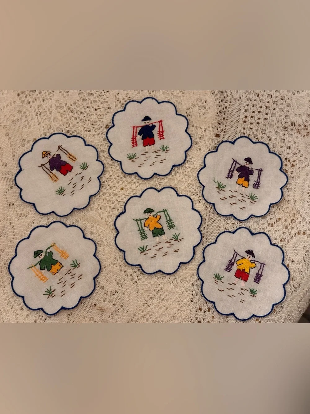 Vintage Hand-Embroidered Linen Cocktail Coasters – Asian Men - Set of 6